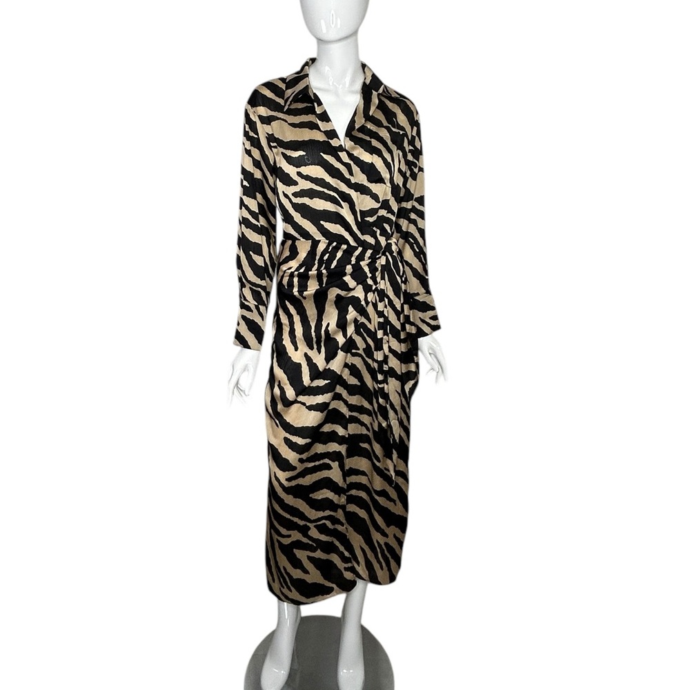 Miss Lola Dress Mob Wife Wrap Waist Semi Sheer Animal Print Sz Small Tan Black
